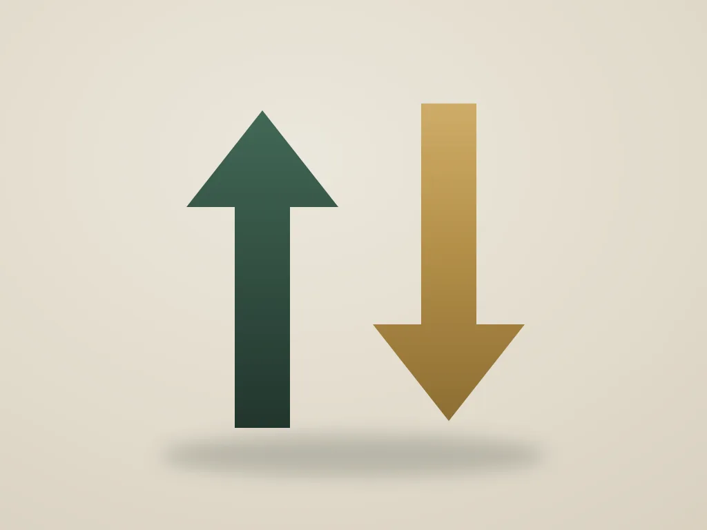 Een groene pijl omhoog en een messing pijl omlaag, symbool voor long/short