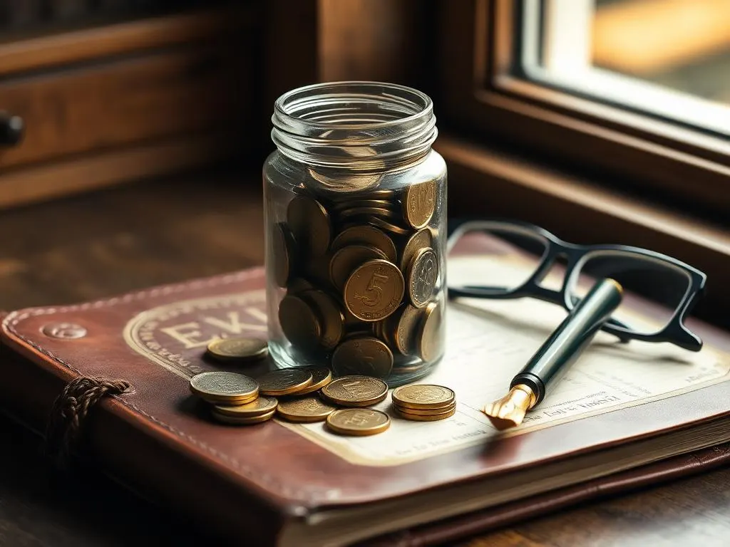 Glazen pot met munten op een grootboek