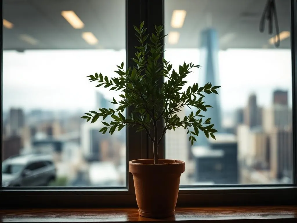 Jonge boom in een pot op een kantoorvensterbank