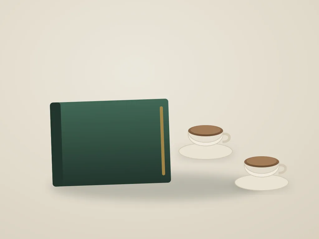 Twee koffiekoppen en een gesloten notitieschrift op een tafel