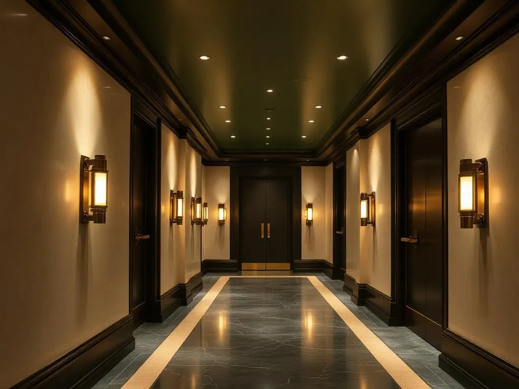 Gang van een private bank met warme verlichting