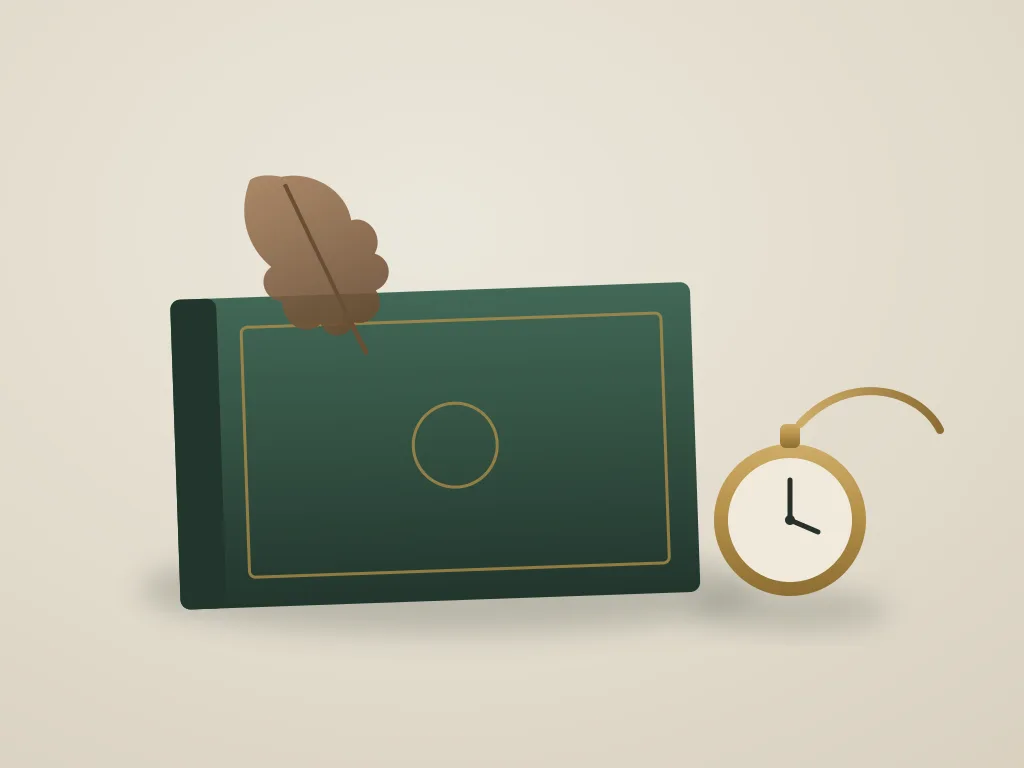 Gesloten album met zakhorloge en een eikenblad