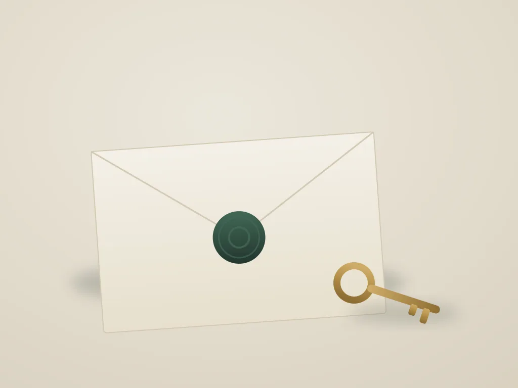 Envelop met donkergroen lakzegel en een messing sleutel